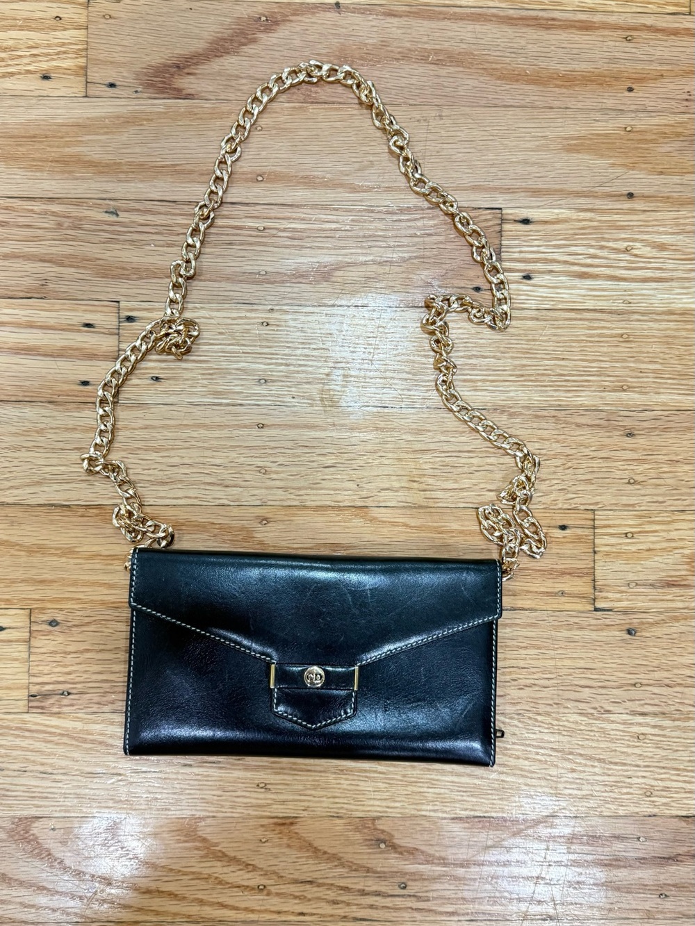 Dior Black Leather Envelope Clutch with Gold Chain